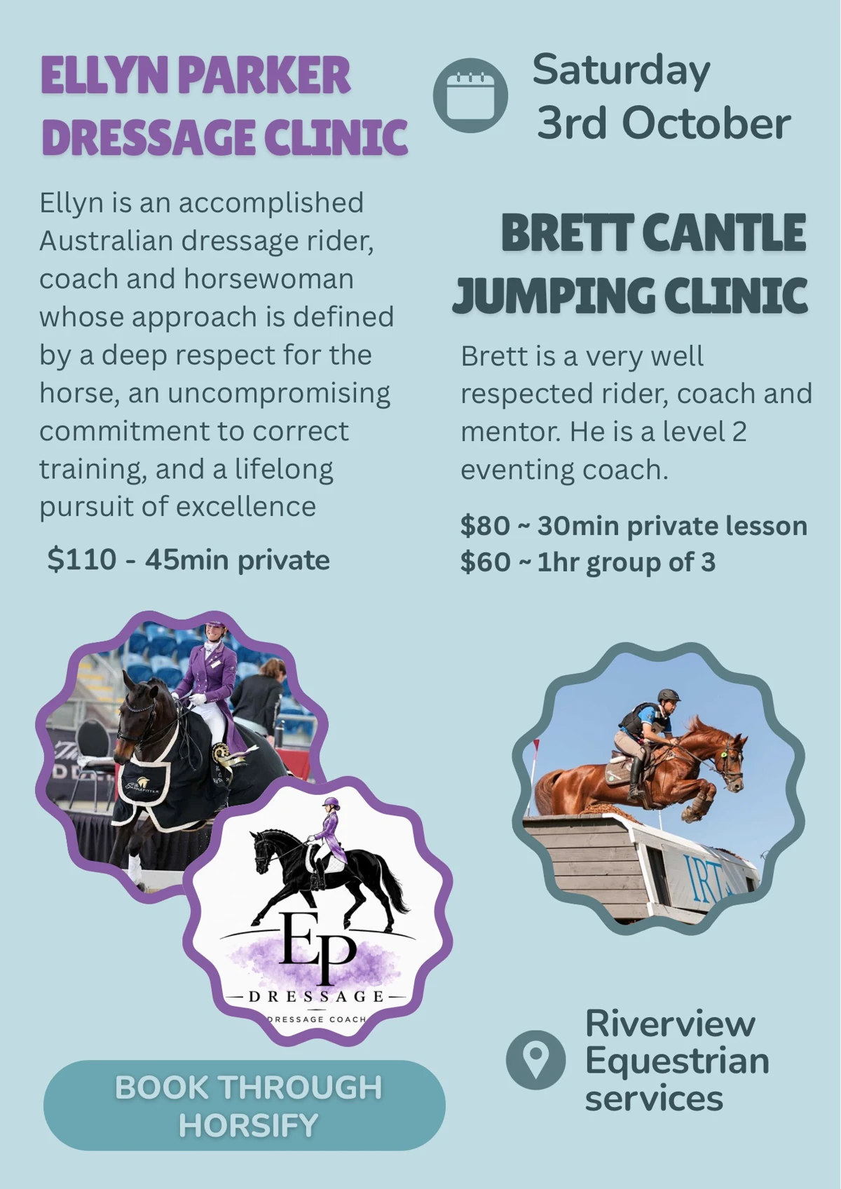 Event flyer for Ellyn Parker Dressage & Brett Cantle Jumping Clinics