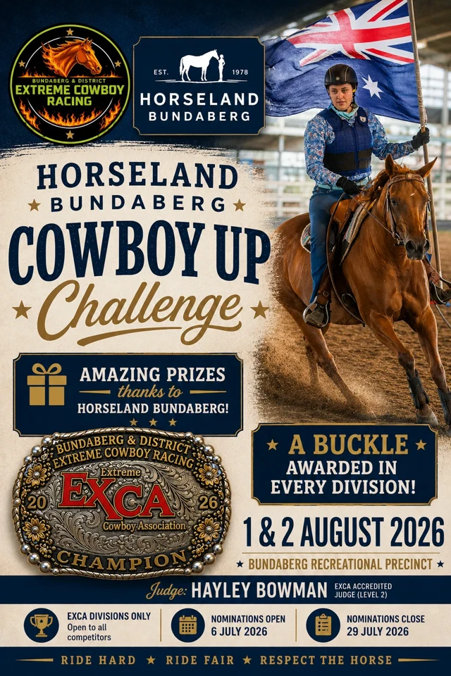 Event flyer for Bundaberg Horseland Cowboy Up Challenge 1-2 August 2026