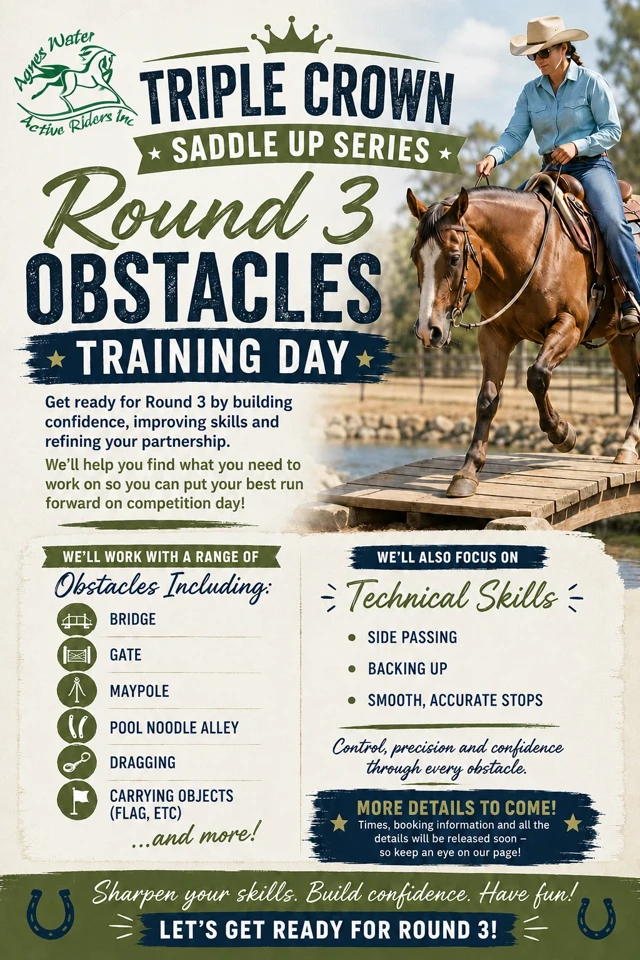 Event flyer for Training day for Round 3 Triple Crown Saddle Up Series - Obstacles