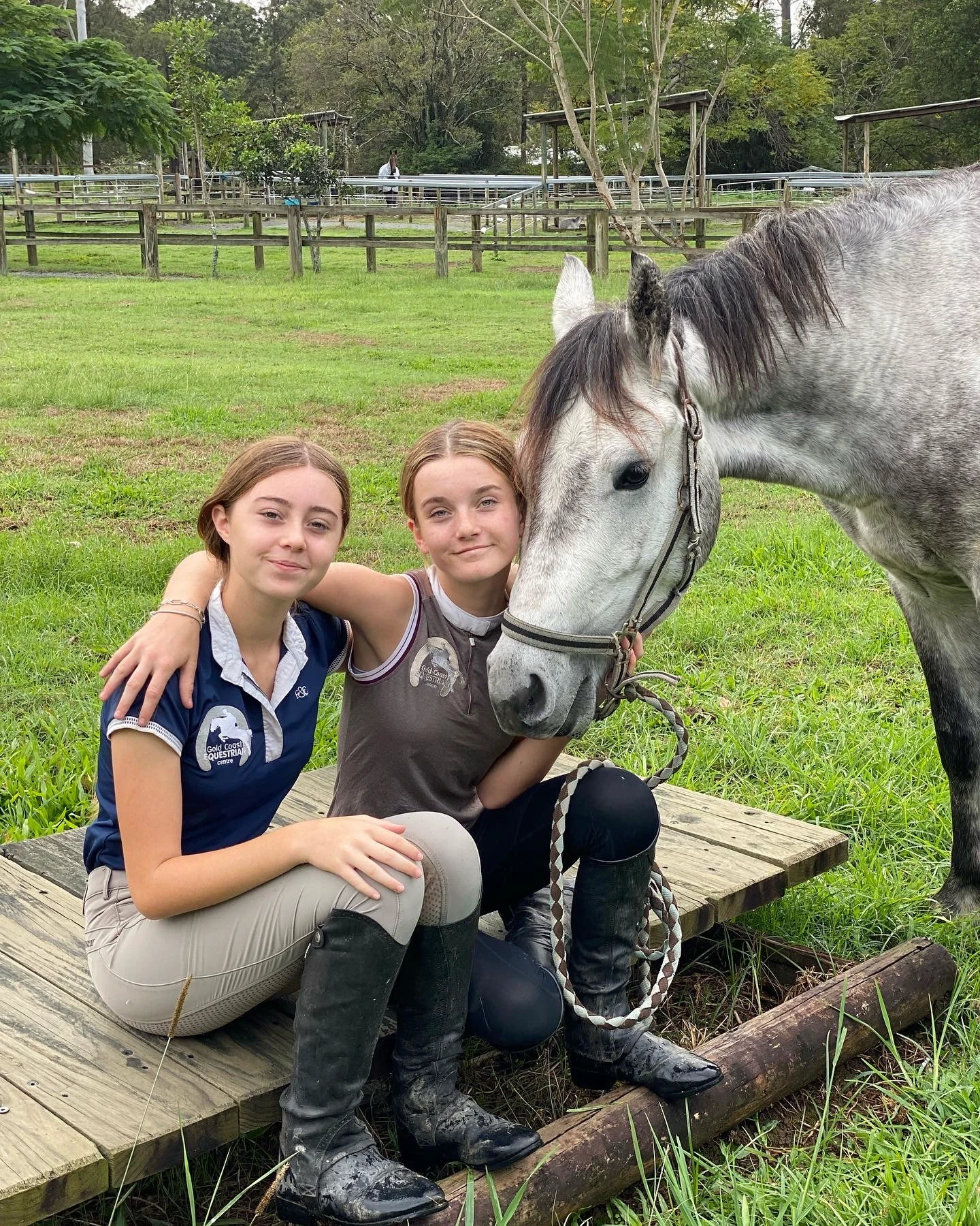 Two young riders with a grey horse