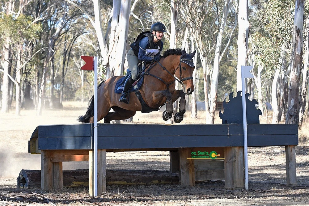 Horse and rider jumping a cross-country log