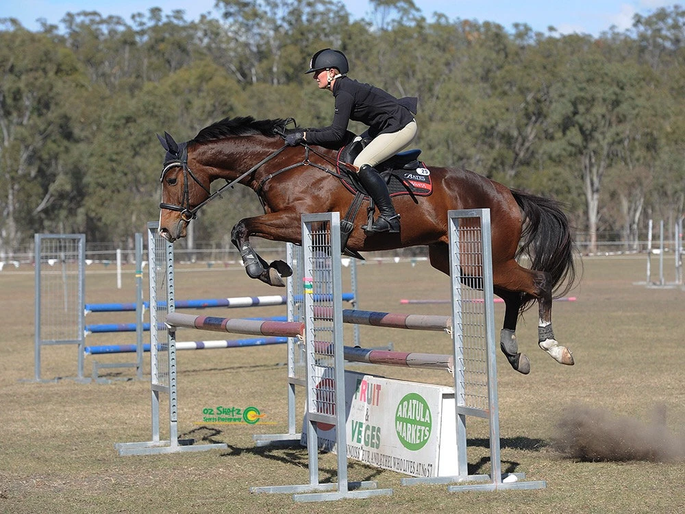 Horse and rider clearing a show jump