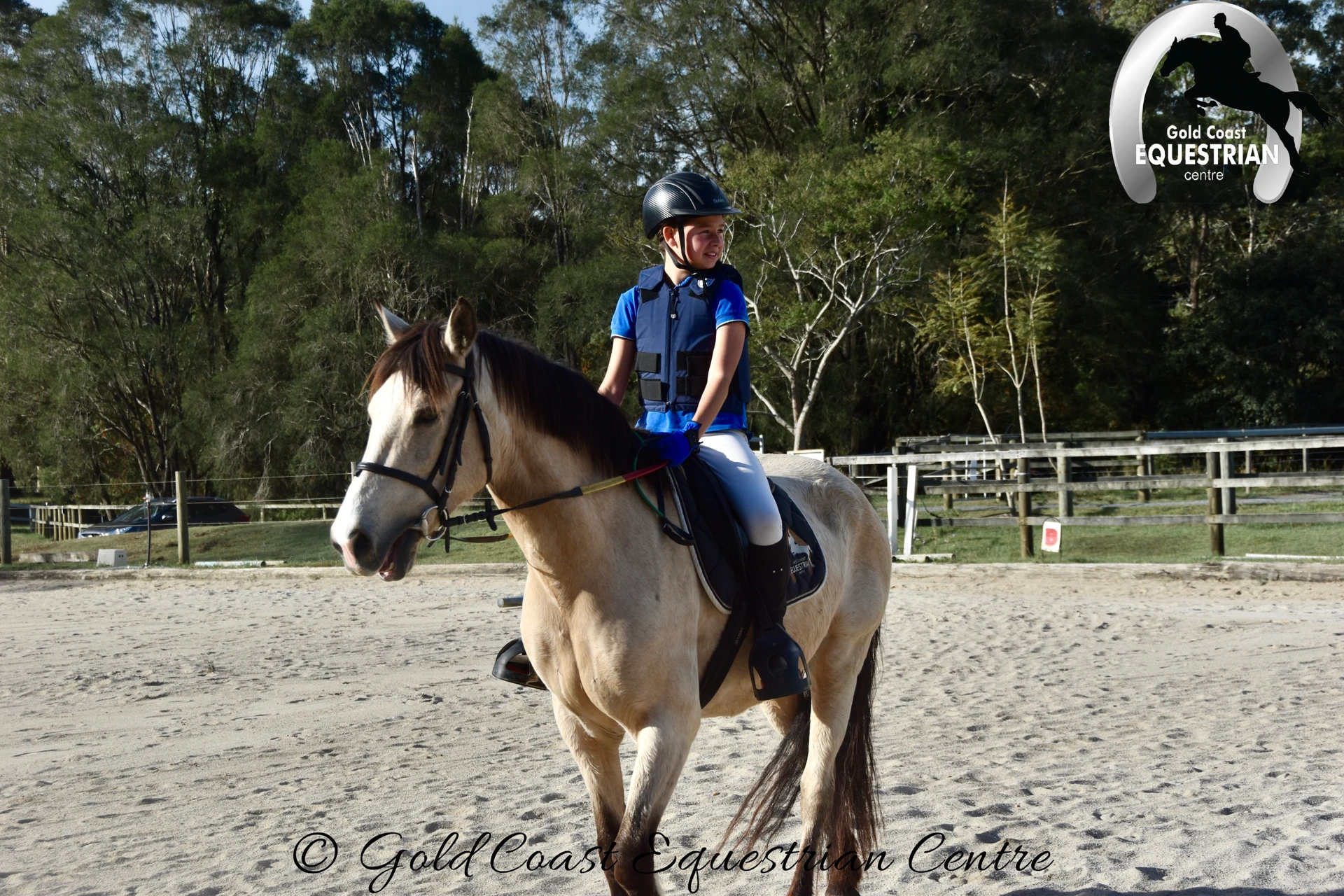 A rider on a buckskin in the arena
