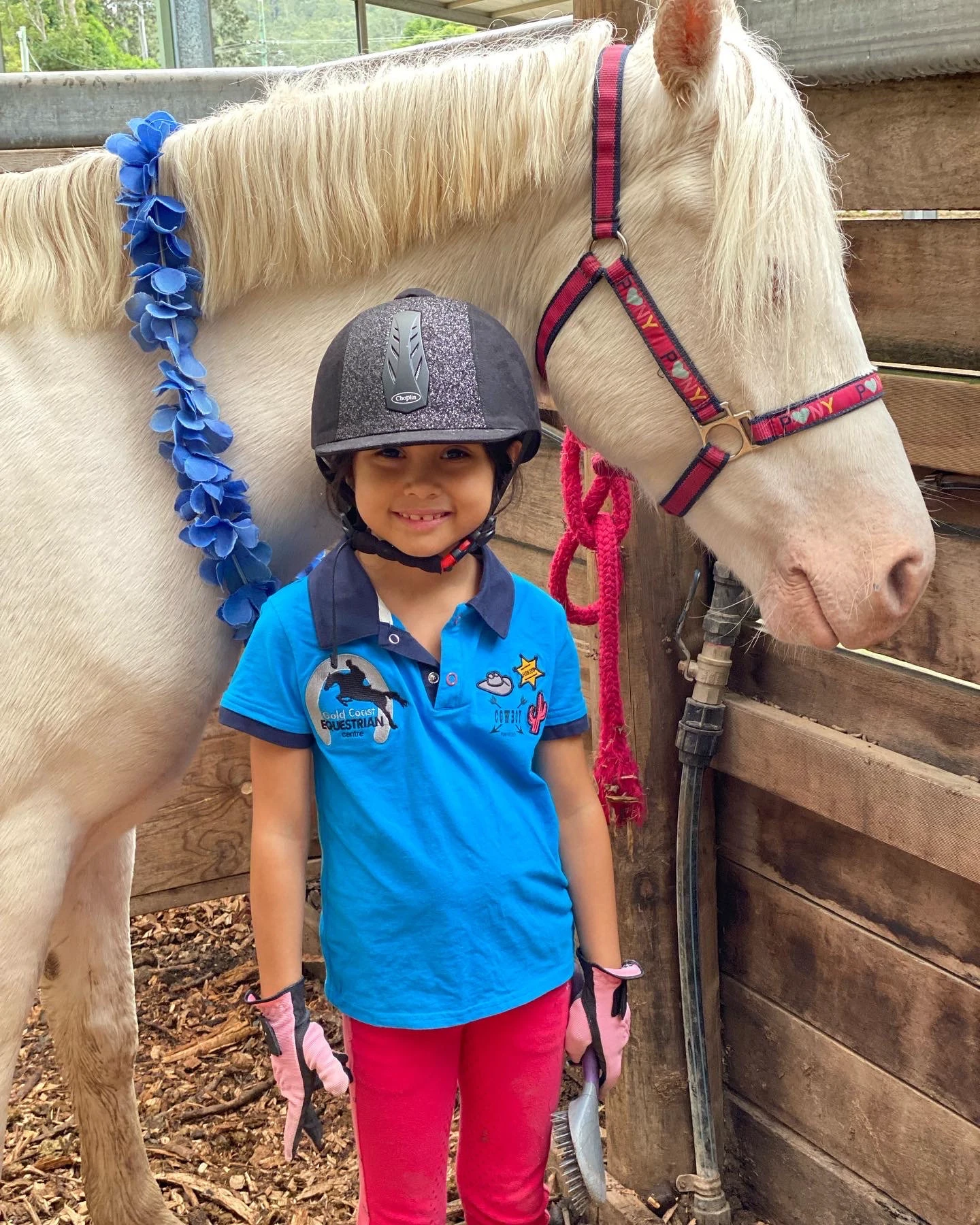 A young rider with a horse in a plaited mane